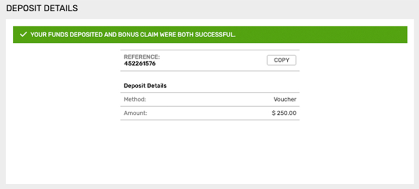 Confirmation screen that the Voucher has been deposited successfully