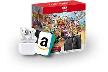 Prize bundle featuring wireless earbuds, a game console bundle, and a gift card