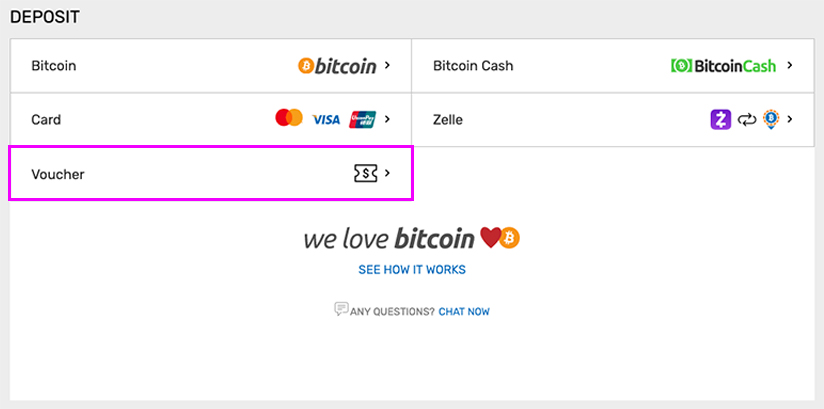 Deposit screen at Bovada with the 4 options including Voucher